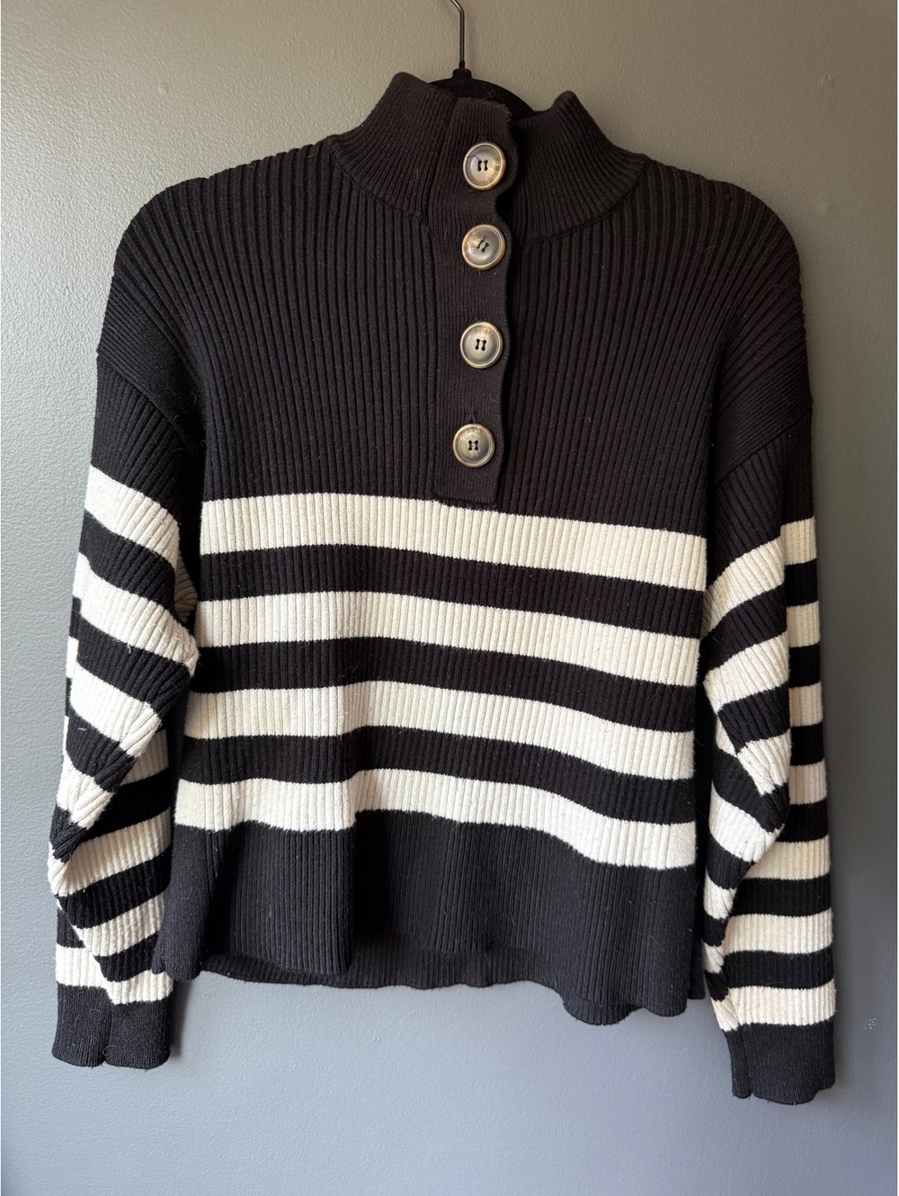MNG Black and White Striped Ribbed Button-Up Sweater Size M